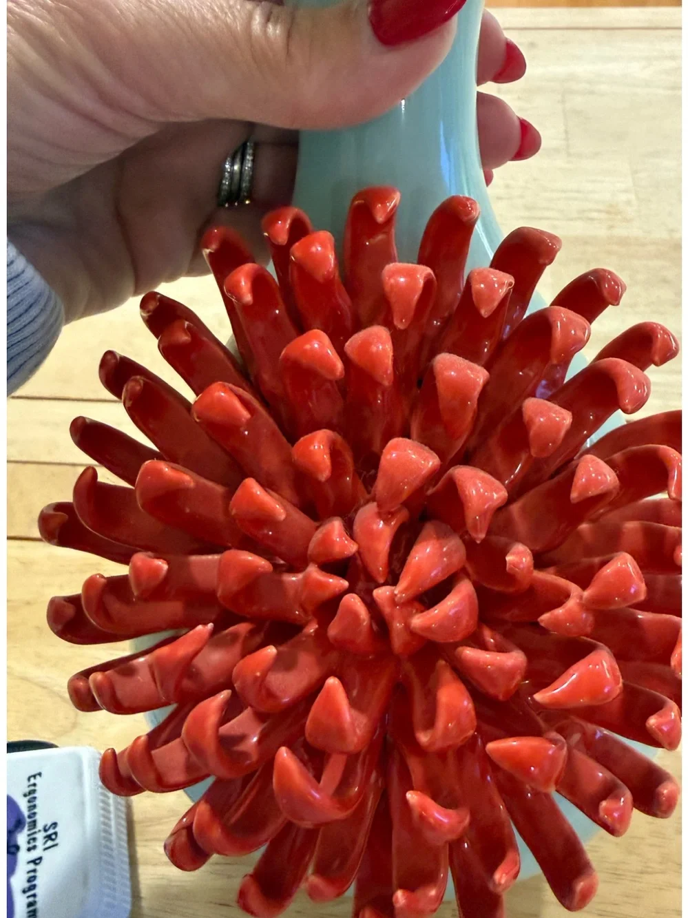 Anthropologie Celadon Blue 3D Red Chrysanthemum Ceramic Vase Rare